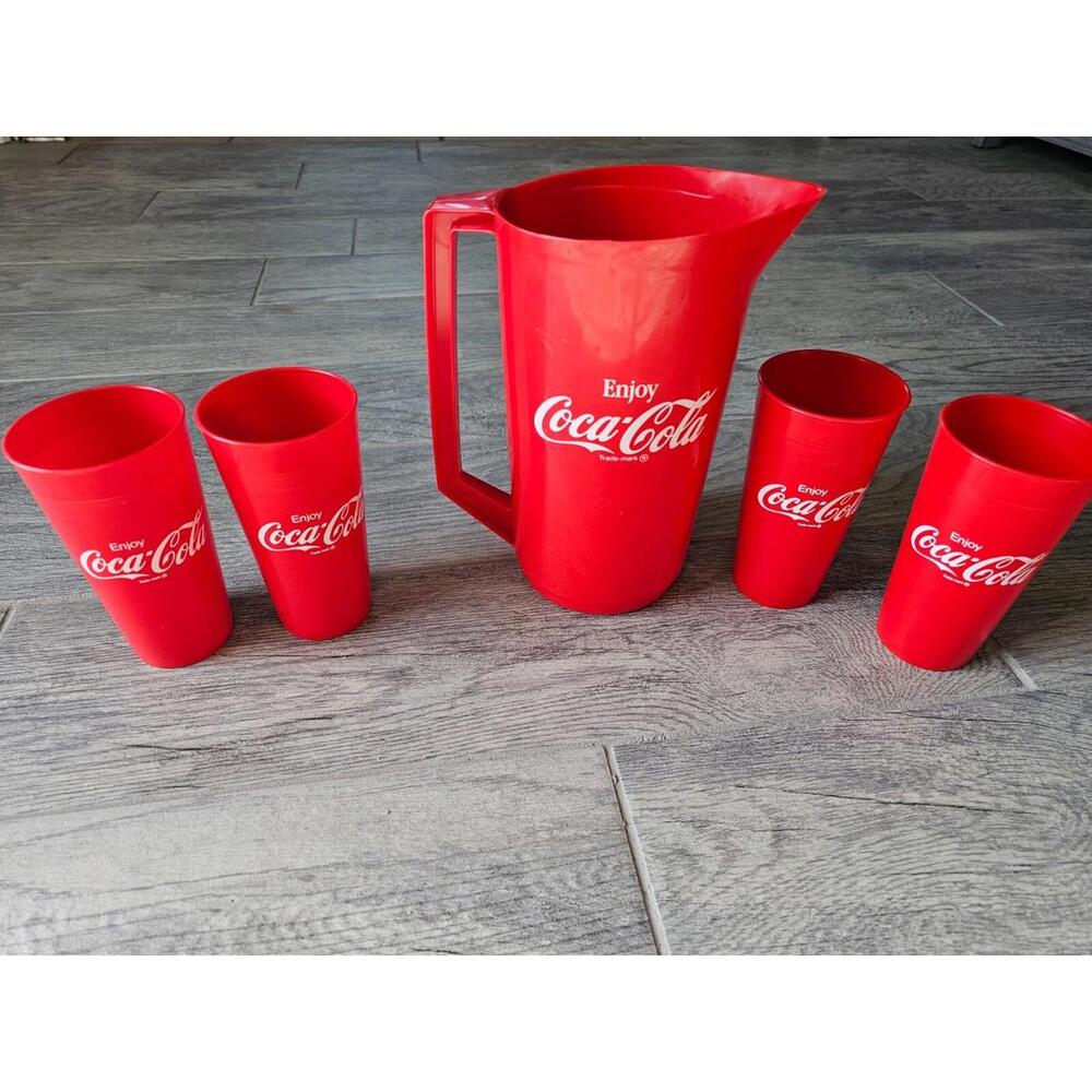 Alladinwear Vintage Enjoy Coca Cola Red Pitcher & Cup Set (5 Pieces) 2.5 QT - Picture 1 of 12
